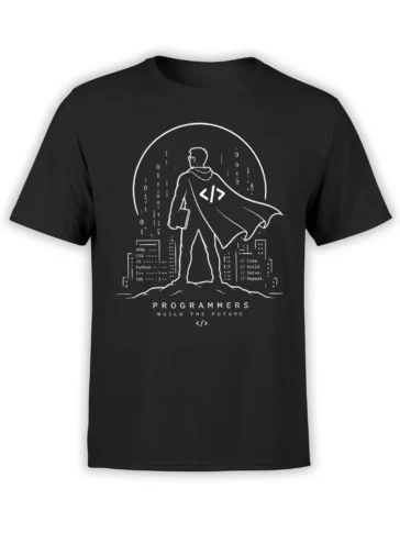 Black programmer T-shirt with a caped coder, binary code, programming languages, and future-building text
