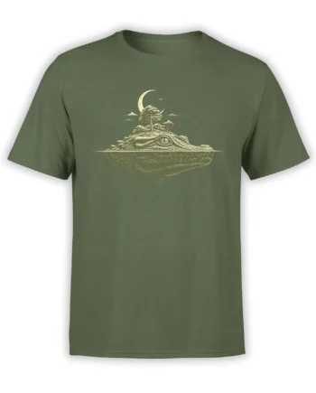 Moonlit crocodile graphic with a crescent moon and tree on an olive green T-shirt