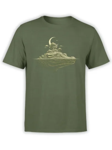 Moonlit crocodile graphic with a crescent moon and tree on an olive green T-shirt