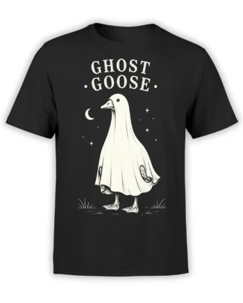 Ghost goose in a pale sheet beneath a moon and stars on a black graphic T-shirt