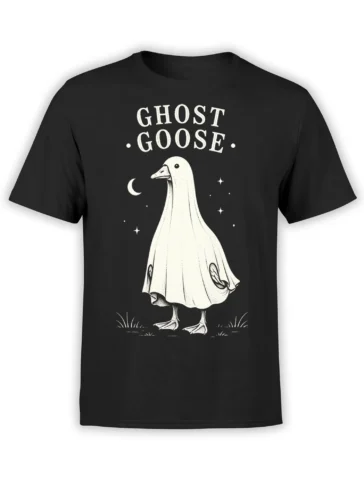 Ghost goose in a pale sheet beneath a moon and stars on a black graphic T-shirt