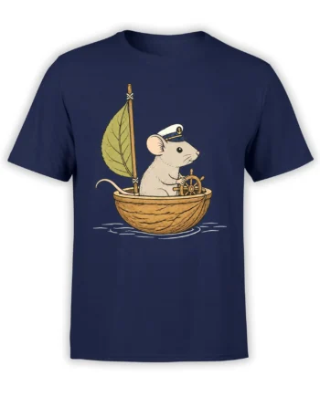 Whimsical mouse sailor steering a wooden vessel with a leaf sail on a navy T-shirt