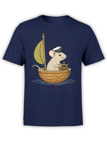 Whimsical mouse sailor steering a wooden vessel with a leaf sail on a navy T-shirt