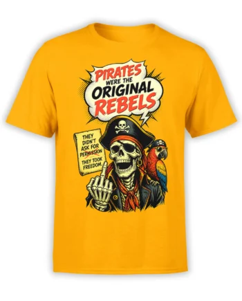 Yellow pirate skeleton T-shirt with parrot, rebel slogan, skull hat, and vintage comic-style artwork