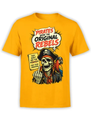 Yellow pirate skeleton T-shirt with parrot, rebel slogan, skull hat, and vintage comic-style artwork