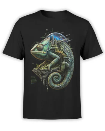 Colorful chameleon wrapped around a futuristic city and cosmic sky on a black T-shirt