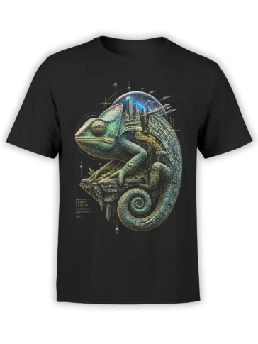 Colorful chameleon wrapped around a futuristic city and cosmic sky on a black T-shirt