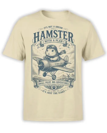 Beige hamster pilot T-shirt with goggles, propeller airplane, vintage banners, and adventure lettering