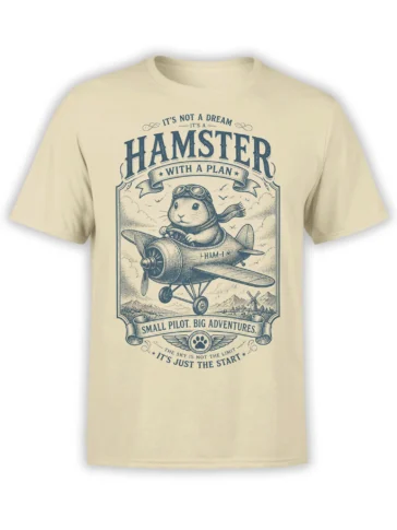 Beige hamster pilot T-shirt with goggles, propeller airplane, vintage banners, and adventure lettering