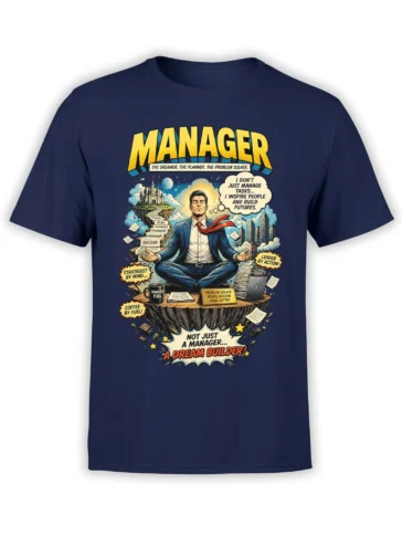 Navy manager T-shirt with a meditating professional, floating island, coffee, laptop, and dream builder text