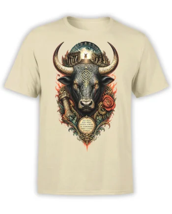 Horned black bull T-shirt with ancient temple, red flowers, and memory quote on beige fabric