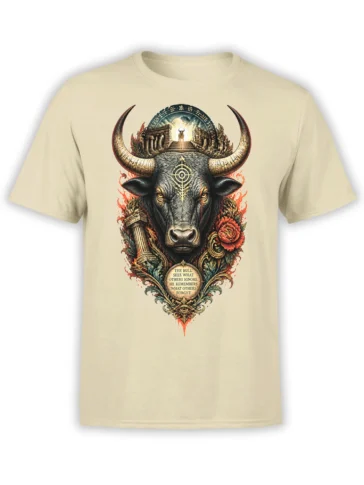 Horned black bull T-shirt with ancient temple, red flowers, and memory quote on beige fabric