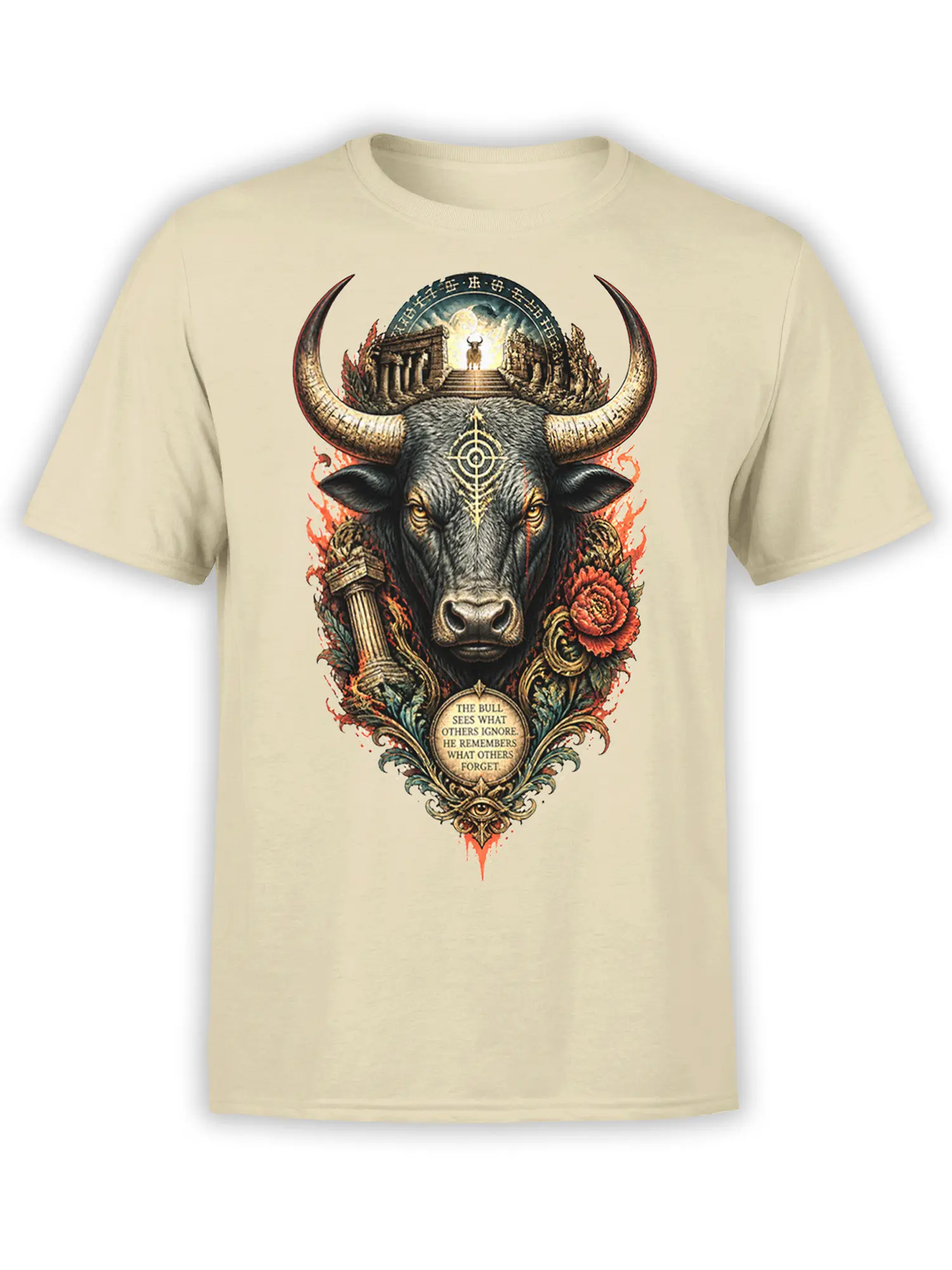 Horned black bull T-shirt with ancient temple, red flowers, and memory quote on beige fabric