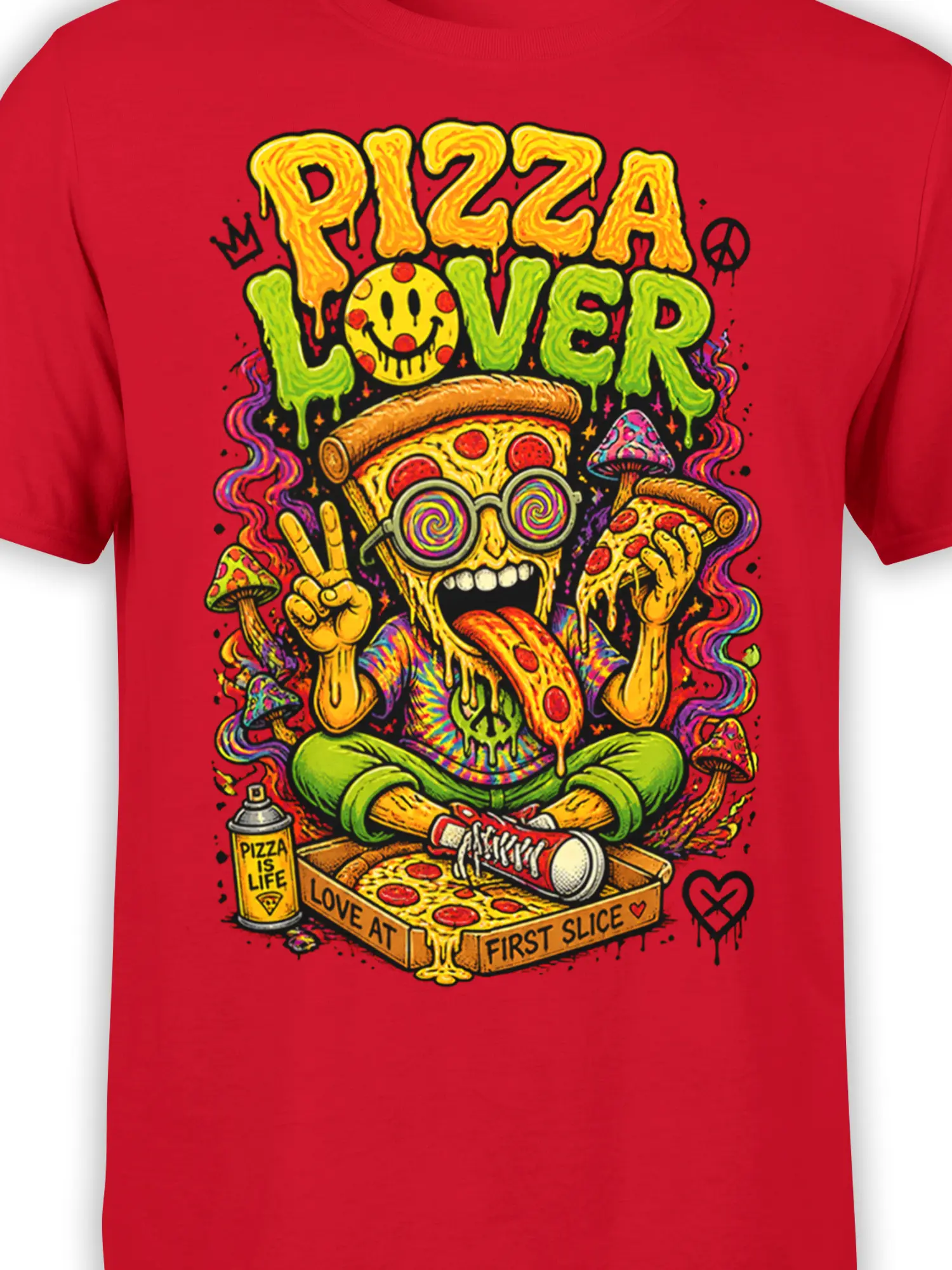 Close-up of psychedelic pizza lover artwork with spiral glasses, cheese drips, mushrooms, and colorful lettering