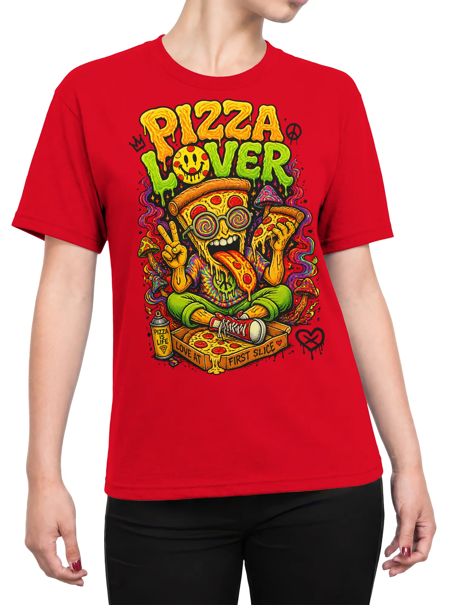 Female torso wearing a red pizza lover T-shirt with colorful psychedelic artwork and melting cheese details