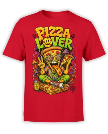 Colorful psychedelic pizza lover mystic graphic with mushrooms and melting cheese on a red T-shirt