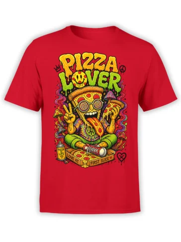 Colorful psychedelic pizza lover mystic graphic with mushrooms and melting cheese on a red T-shirt
