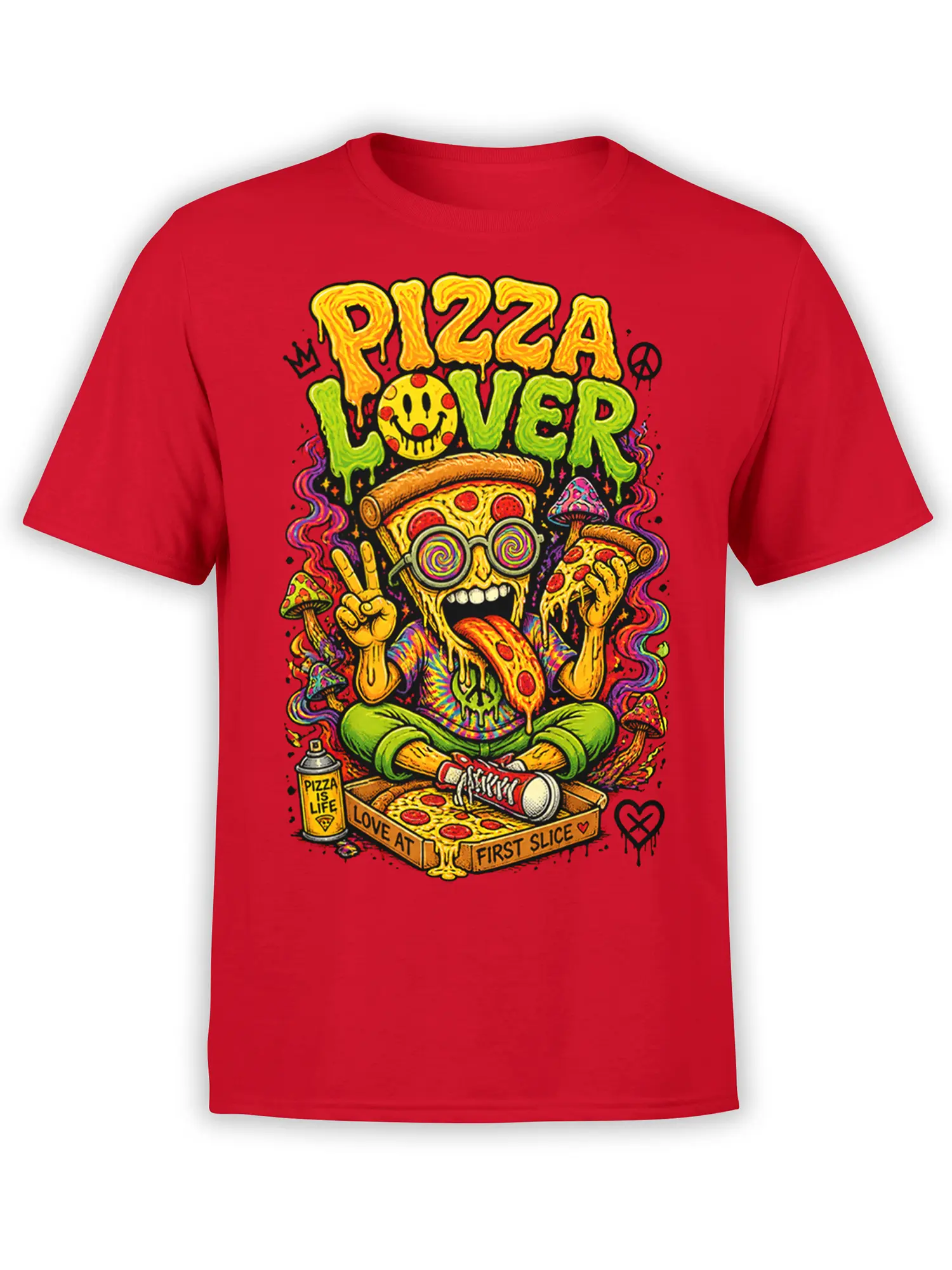 Colorful psychedelic pizza lover mystic graphic with mushrooms and melting cheese on a red T-shirt
