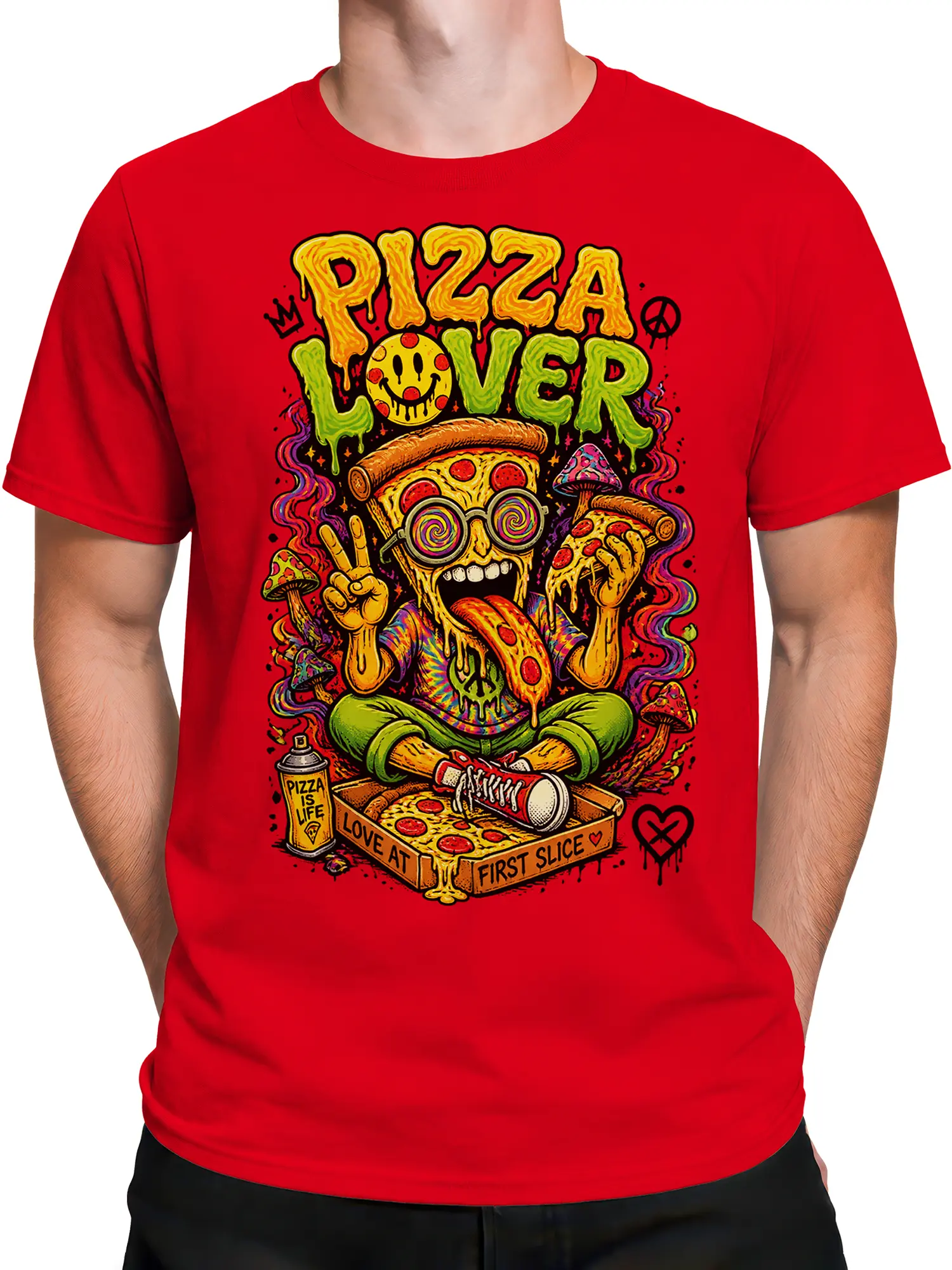 Male torso wearing a red psychedelic pizza T-shirt with a colorful pizza mystic graphic