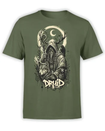 Forest druid wolf t-shirt in green with a raven, crescent moon, antlers, and vintage nature artwork