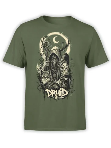 Forest druid wolf t-shirt in green with a raven, crescent moon, antlers, and vintage nature artwork