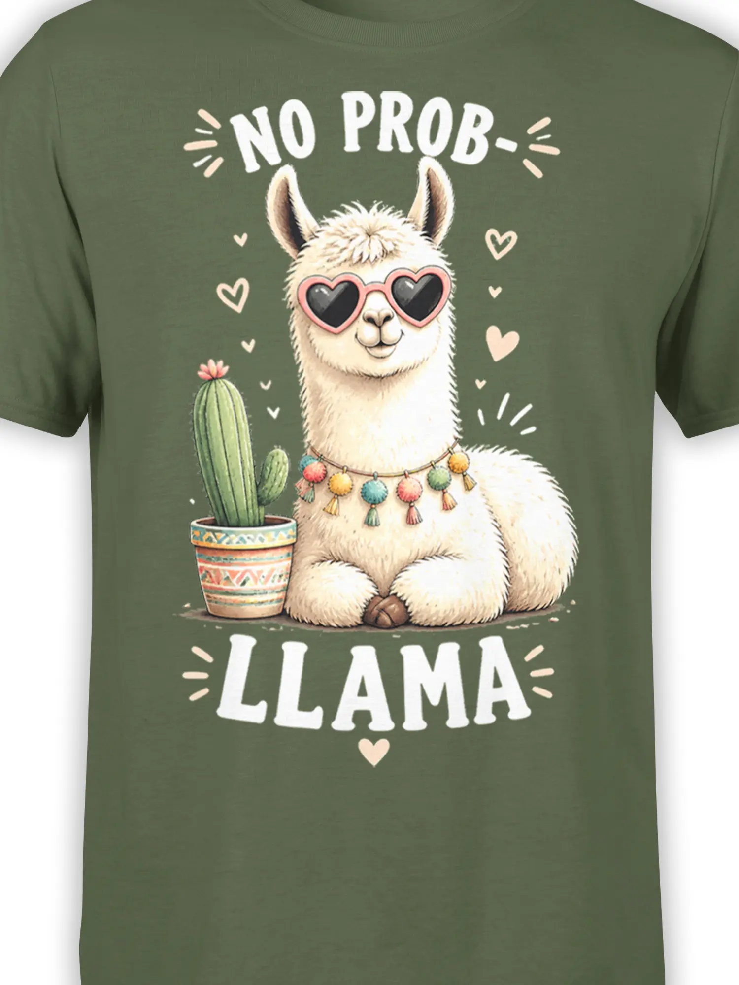 Close-up of cream llama in heart-shaped sunglasses with colorful necklace and cactus on green T-shirt