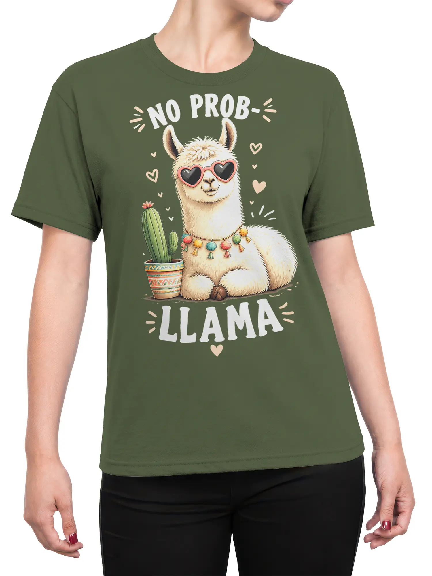 Female torso wearing a green llama T-shirt with heart-shaped sunglasses and “No Prob-Llama” artwork