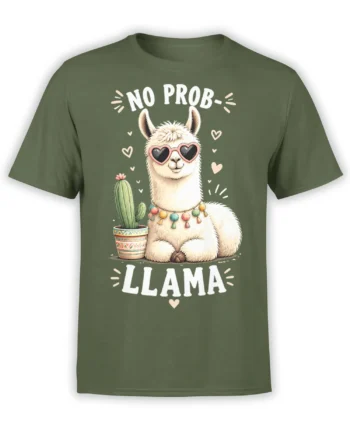 Green llama T-shirt with heart-shaped sunglasses, cactus, hearts, and “No Prob-Llama” lettering