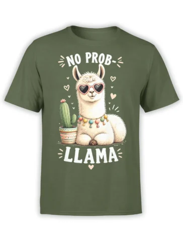 Green llama T-shirt with heart-shaped sunglasses, cactus, hearts, and “No Prob-Llama” lettering