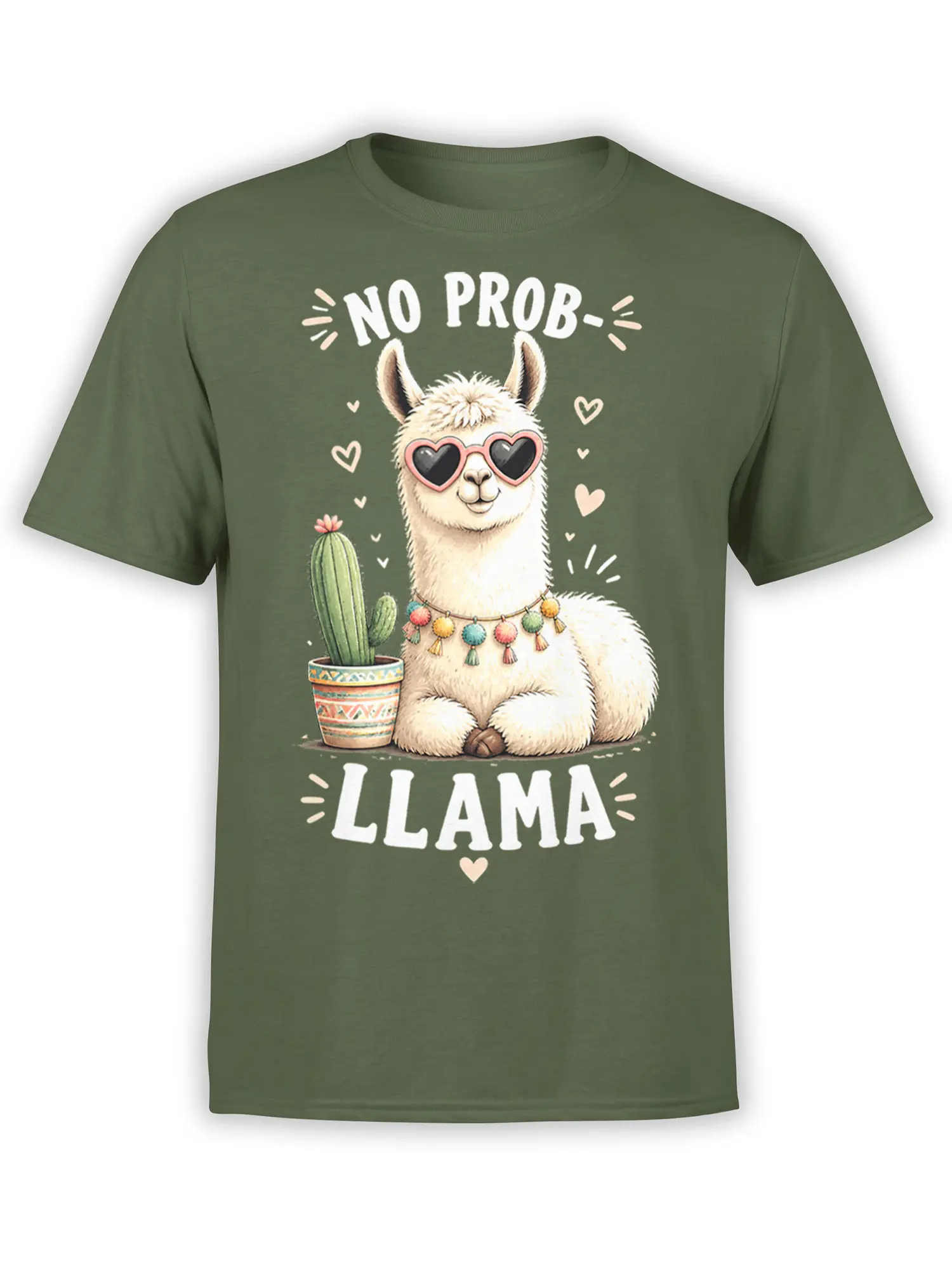 Green llama T-shirt with heart-shaped sunglasses, cactus, hearts, and “No Prob-Llama” lettering