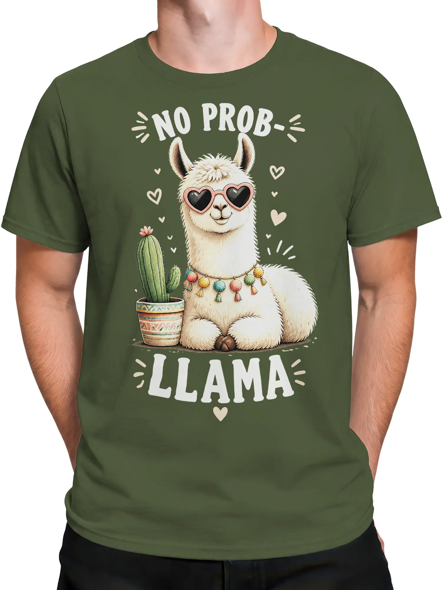Male torso wearing a green llama T-shirt with cactus, hearts, and heart-shaped sunglasses artwork