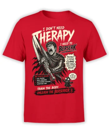Red berserker warrior T-shirt with oversized sword, comic lettering, and dark fantasy artwork