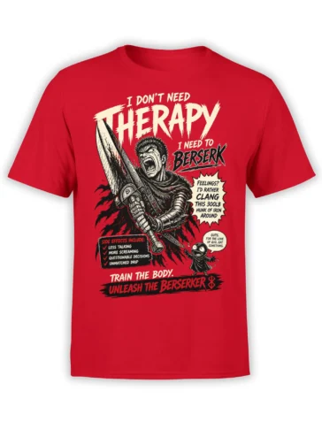 Red berserker warrior T-shirt with oversized sword, comic lettering, and dark fantasy artwork