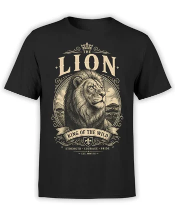 Vintage heraldic lion graphic on a black T-shirt with crown, ornate frame, and King of the Wild banner