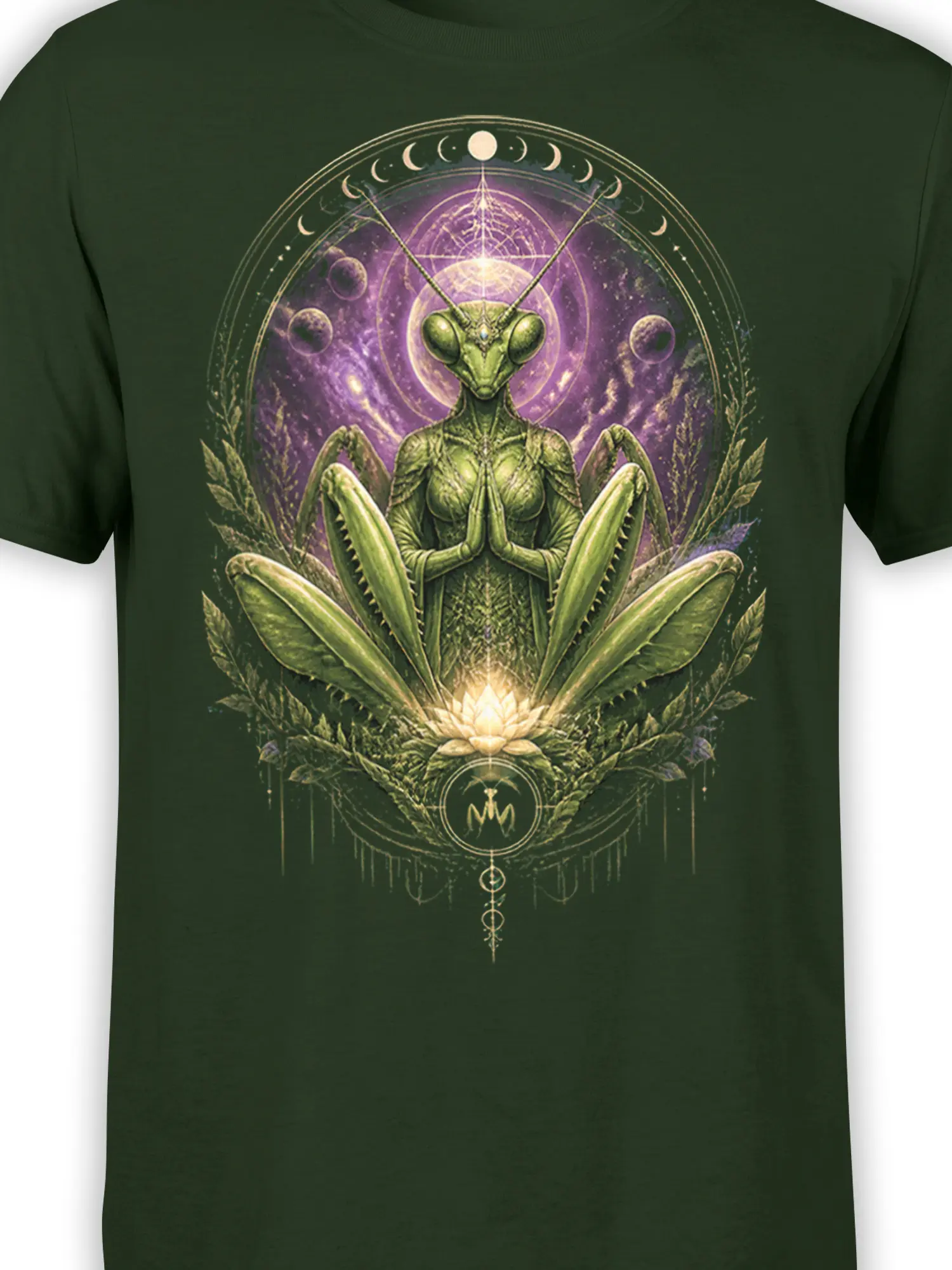 Close-up of meditating praying mantis, moon phases, lotus, and cosmic botanical artwork on dark green fabric