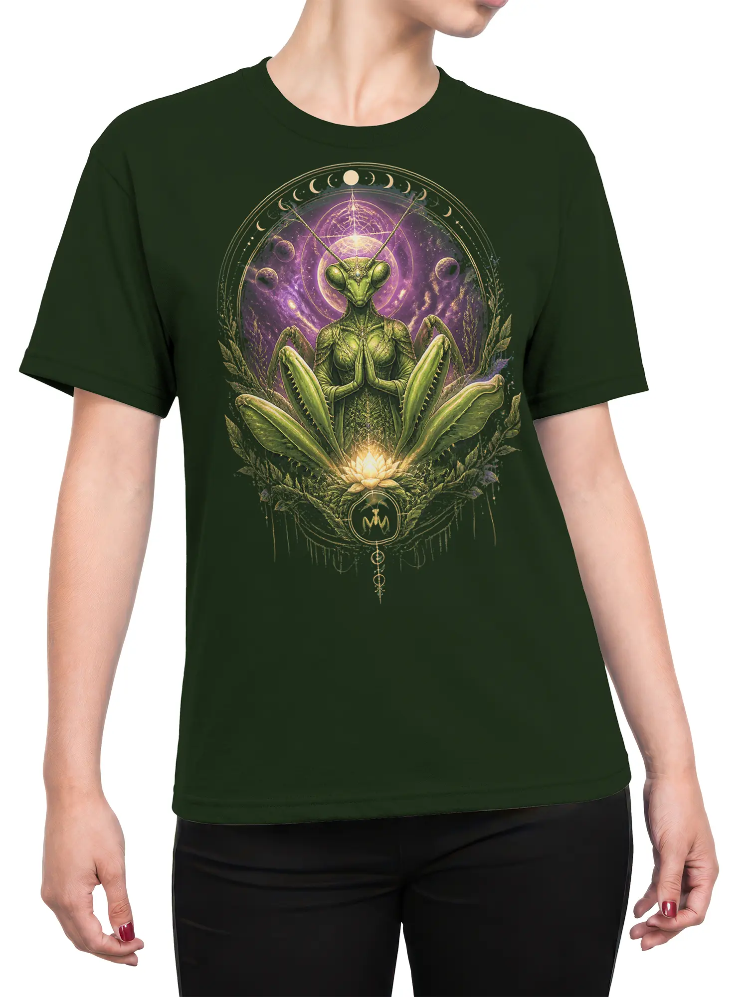 Female torso wearing a dark green T-shirt with a meditating praying mantis and moon phase design