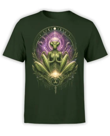 Medicating praying mantis with moon phases and lotus flower on a dark green T-shirt