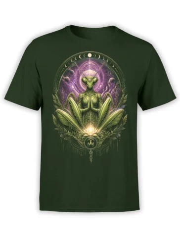 Medicating praying mantis with moon phases and lotus flower on a dark green T-shirt