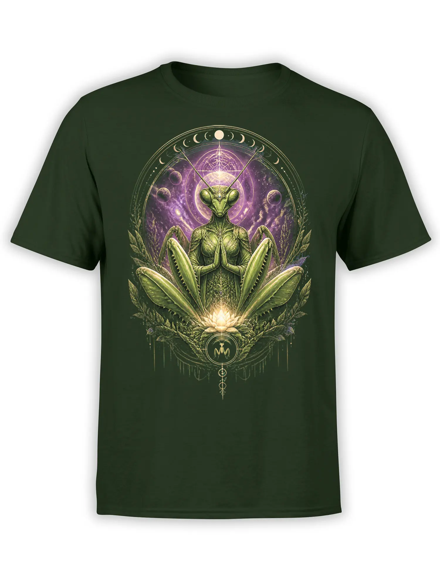 Medicating praying mantis with moon phases and lotus flower on a dark green T-shirt