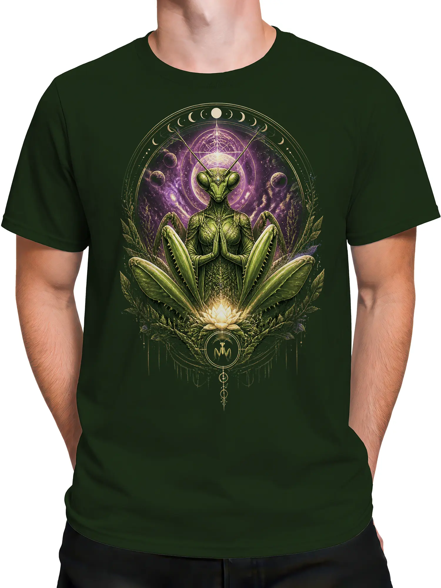 Male torso wearing a dark green T-shirt with a meditating praying mantis and moon phase artwork