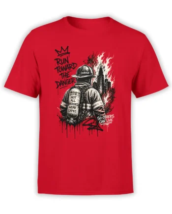 Red firefighter T-shirt with a rescue worker facing a burning city and the words Not All Heroes Wear Capes