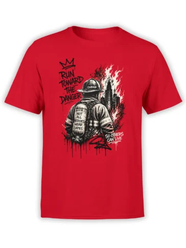 Red firefighter T-shirt with a rescue worker facing a burning city and the words Not All Heroes Wear Capes