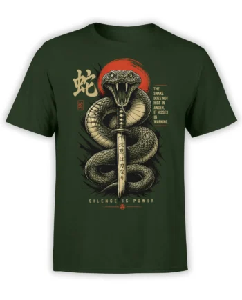 Dark green cobra snake T-shirt with sword, red sun, warning text, and Silence Is Power design