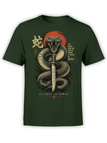 Dark green cobra snake T-shirt with sword, red sun, warning text, and Silence Is Power design