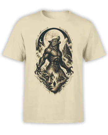 Wolf-headed figure beneath a full moon and gothic castle on a beige wolf t-shirt