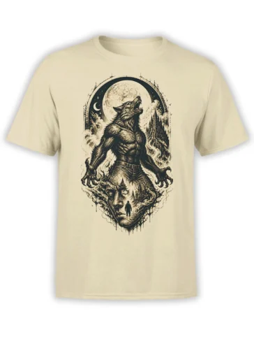 Wolf-headed figure beneath a full moon and gothic castle on a beige wolf t-shirt