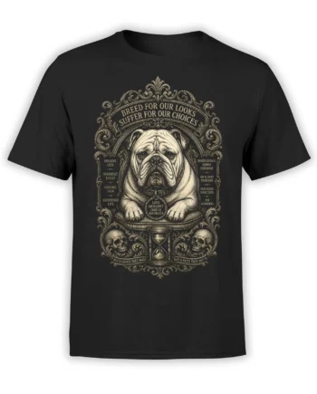 Black bulldog T-shirt with vintage health awareness artwork, ornate scrollwork, skulls, hourglass, and cream lettering