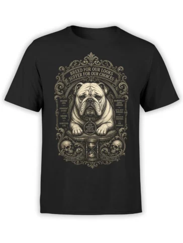 Black bulldog T-shirt with vintage health awareness artwork, ornate scrollwork, skulls, hourglass, and cream lettering