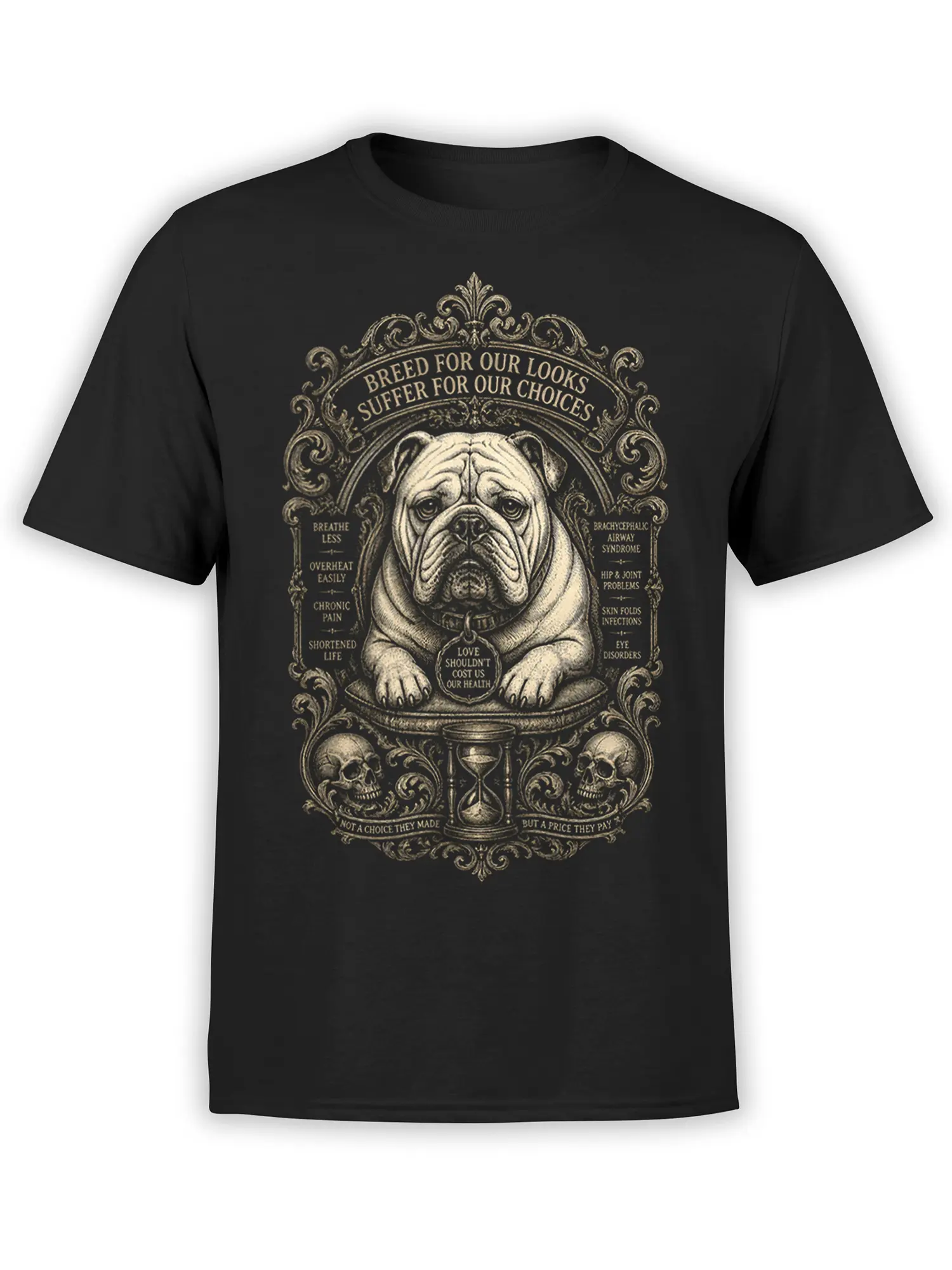 Black bulldog T-shirt with vintage health awareness artwork, ornate scrollwork, skulls, hourglass, and cream lettering