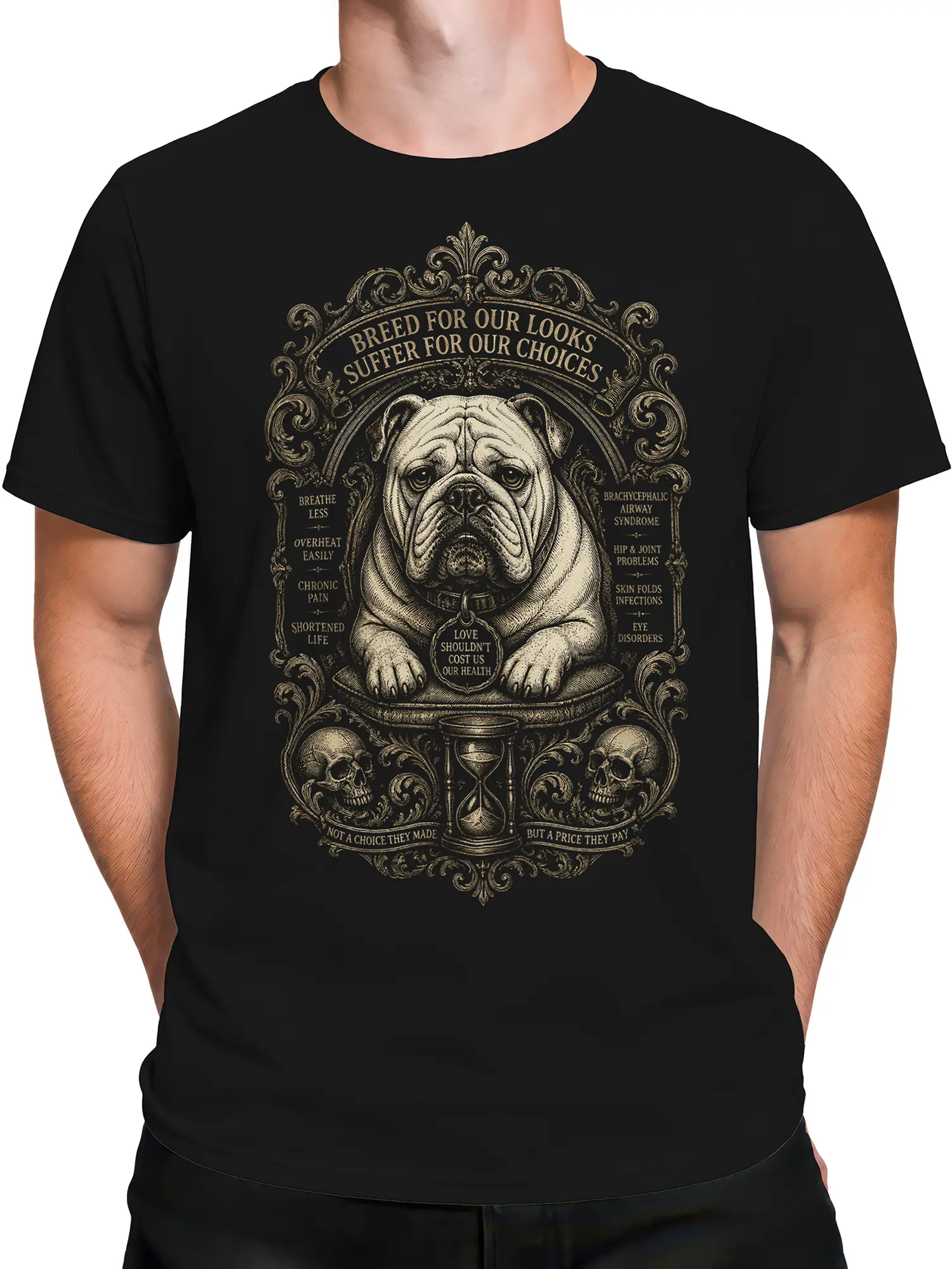 Male torso wearing a black vintage bulldog T-shirt with ornate health awareness artwork and cream lettering